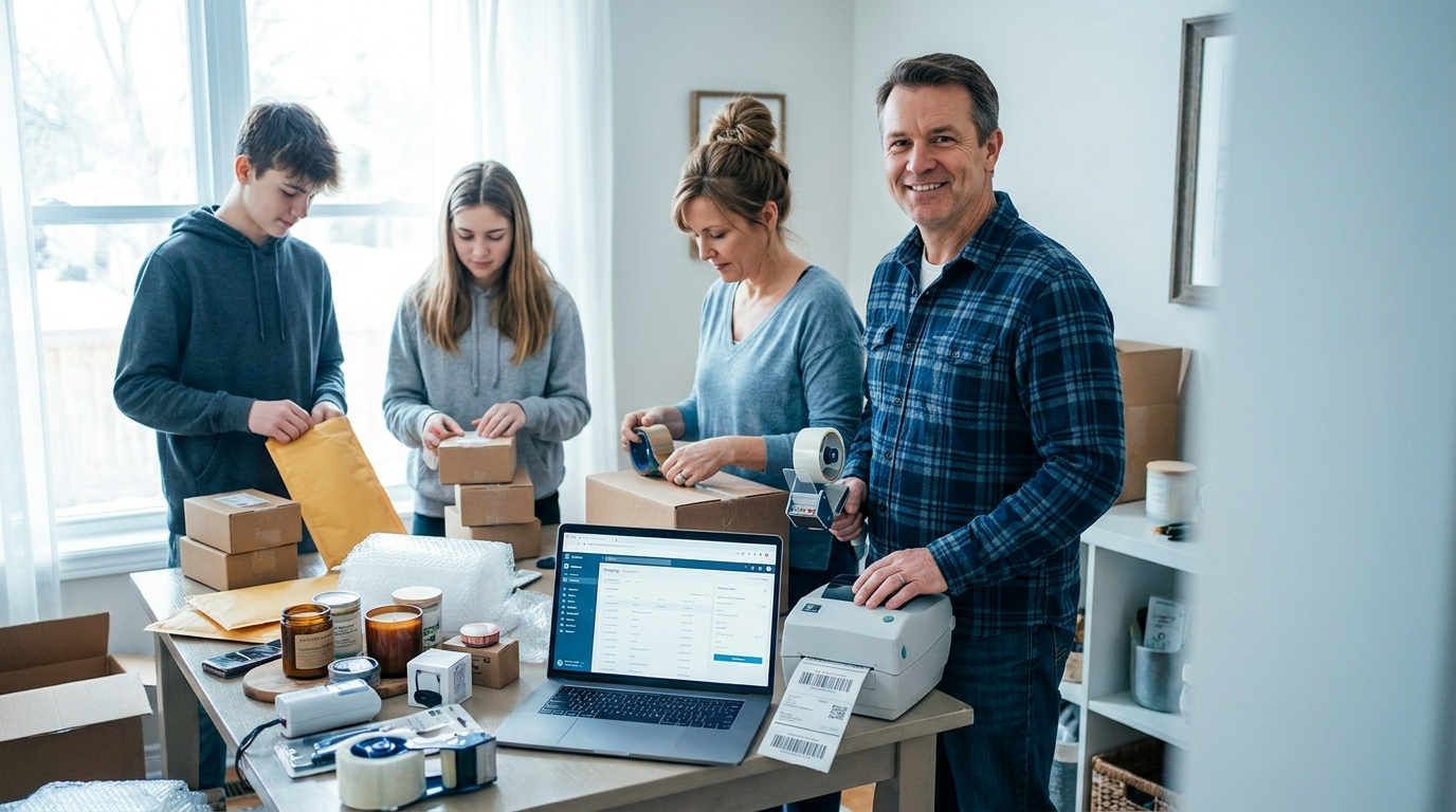 A family of four packing e-commerce orders together at home with a laptop, label printer, tape guns, boxes and padded envelopes