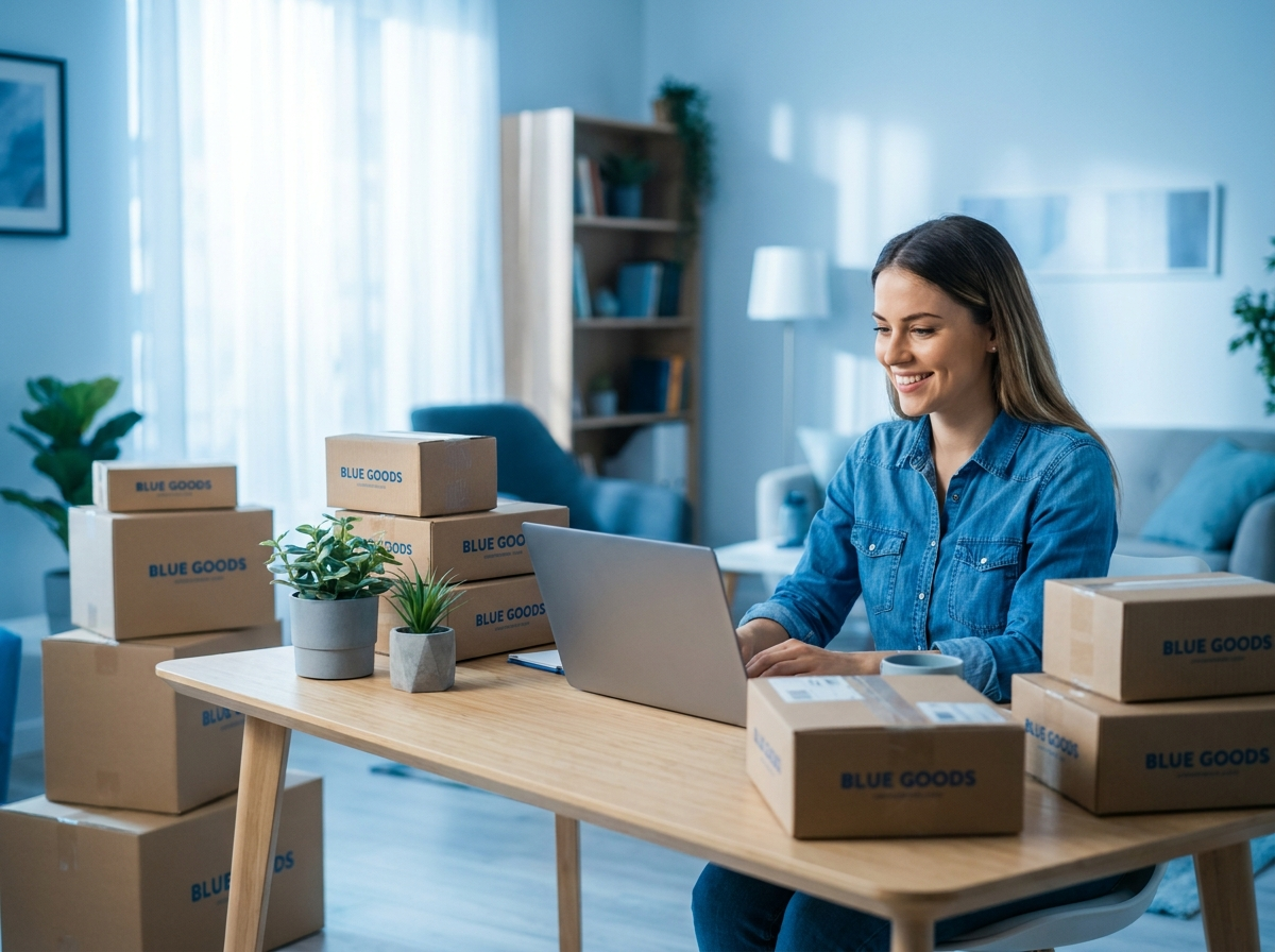 E-commerce seller managing orders on a laptop in a home office
